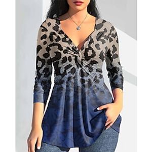Women's Shirt Blouse Leopard Casual Blue Green Light Blue Print Dressy Tunic Long Sleeve Fashion V Neck Regular Fit Spring   Fall Lightinthebox