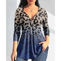 Women's Shirt Blouse Leopard Casual Blue Green Light Blue Print Dressy Tunic Long Sleeve Fashion V Neck Regular Fit Spring   Fall Lightinthebox - thumbnail