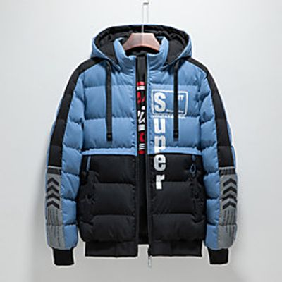 Men's Parka Daily Fall Winter Regular Coat V Neck Regular Fit Windproof Rain Waterproof Warm Casual Jacket Long Sleeve Color Block Letter Quilted Print Blue Yellow Gray Lightinthebox