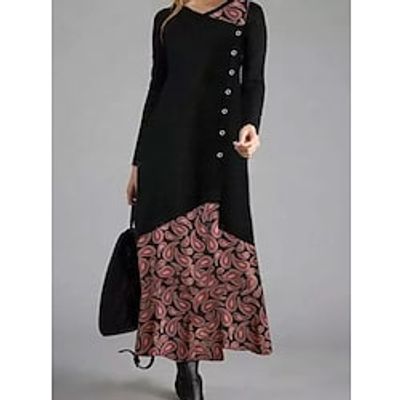Women's A Line Dress Maxi long Dress Black Long Sleeve Print Ruched Button Print Fall Winter V Neck Casual Modern 2022 S M L XL Lightinthebox