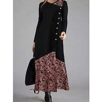 Women's A Line Dress Maxi long Dress Black Long Sleeve Print Ruched Button Print Fall Winter V Neck Casual Modern 2022 S M L XL Lightinthebox - thumbnail