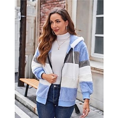 Women's Sherpa Jacket Teddy Coat Hoodie Jacket Windproof Warm Outdoor Street Shopping Daily Wear Zipper Fleece Lined Zipper Hoodie Fashion Plush Modern Casual Color Block Regular Fit Outerwear Long Lightinthebox