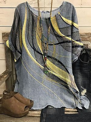 Round Neck Casual Loose Bronzing Line Print Short-sleeved Blouse Round Neck Casual Loose Bronzing Line Print Short-sleeved Blouse