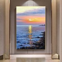 Hand painted Blue Orange Sunrise Seascape Ocean sea Waves Acrylic Painting on Canvas Blue Canvas Wall Art Canvas Painting Home Decor Stretched Frame Ready to Hang Lightinthebox