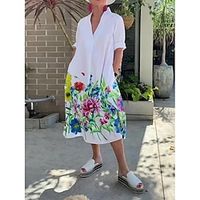 Women's Casual Dress Satin Dress Summer Dress Floral Pocket Print Split Neck Midi Dress Fashion Streetwear Outdoor Date Half Sleeve Loose Fit White Summer Spring S M L XL XXL Lightinthebox