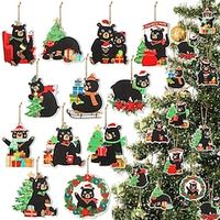 24 Pcs Christmas Bear Wooden Hanging Ornaments Bear Family Ornament Set Wood Hanging Decor for Christmas Tree Decoration Rustic Black Animal Christmas Tree Ornament Bear Xmas Hanging Ornament (Bear) miniinthebox