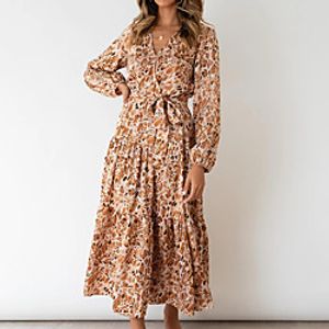 Women's Swing Dress Maxi long Dress Khaki Green Long Sleeve Print Print Fall V Neck Casual 2021 S M L XL Lightinthebox