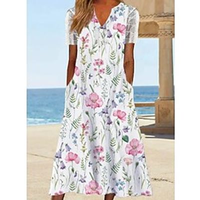 Women's A Line Dress Knee Length Dress White Short Sleeve Floral Hollow Out Print Spring Summer V Neck Casual 2022 S M L XL XXL 3XL Lightinthebox Women's A Line Dress Knee Length Dress White Short Sleeve Floral Hollow Out Print Spring Summer V Neck Casual 2022 S M L XL XXL 3XL Lightinthebox