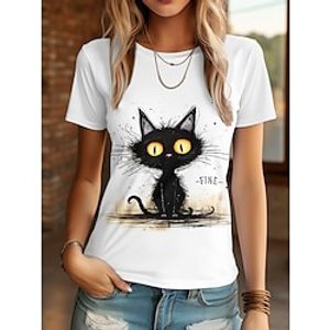 Women's T shirt Tee 100% Cotton Animal Cat Daily Weekend White Blue Purple Print Short Sleeve Fashion Basic Round Neck Regular Fit Summer Lightinthebox