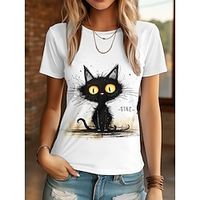 Women's T shirt Tee 100% Cotton Animal Cat Daily Weekend White Blue Purple Print Short Sleeve Fashion Basic Round Neck Regular Fit Summer Lightinthebox - thumbnail