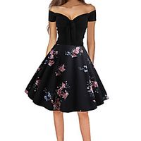 Women's A Line Dress Knee Length Dress Black Short Sleeve Print Print Spring Summer Off Shoulder Vintage 2022 S M L XL XXL miniinthebox - thumbnail