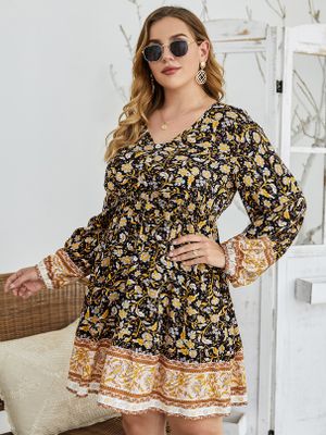 Plus Size V-neck Tribal Button Design Long Sleeves Mini Dress Plus Size V-neck Tribal Button Design Long Sleeves Mini Dress