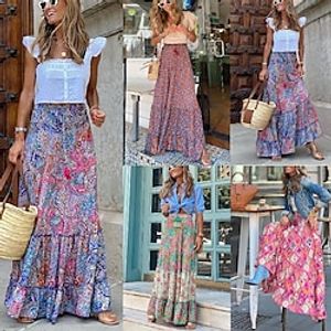 Women's Swing Long Skirt Maxi Polyester Navy Pink Brown Green Skirts Patchwork Print Gopi Dress coastalgrandmastyle Beach Wear Boho Vacation Beach S M L miniinthebox