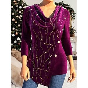 Women's Shirt Blouse Velvet Striped Purple Button Asymmetric Print Long Sleeve Casual Fashion Round Neck Regular Fit Fall  Winter Lightinthebox