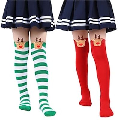 Kids Girls' Stockings 4# green and black stripes  yellow elk 11# red and white wide strips  yellow elk 12# black and yellow strips  yellow elk Striped Print Spring Fall Cute Home 3-12 Years Lightinthebox