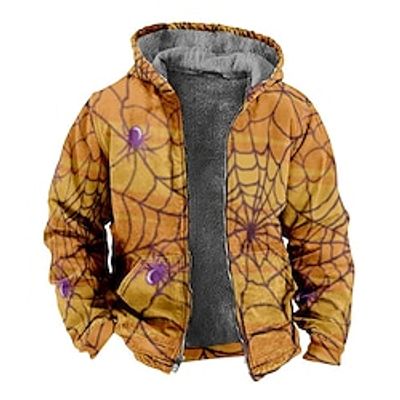 Spiders Spider web Casual Men's Fleece Jacket Coat Hoodie Jacket Halloween Daily Wear Vacation Winter Hooded Long Sleeve White Purple Brown S M L Polyester Jacket Lightinthebox
