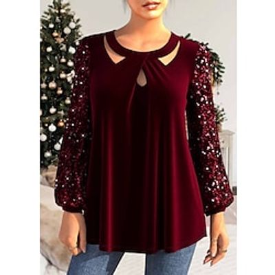 Women's Shirt Blouse Velvet Wine Sparkly Sequins Cut Out Long Sleeve Party Casual Fashion Round Neck Regular Fit Spring   Fall Lightinthebox