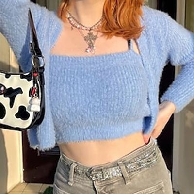 Women's Casual Jacket Comfortable Casual Daily Wear Going out Knit Cardigan Crewneck Daily Minimalism Sweet Solid Color Loose Fit Outerwear Long Sleeve Spring Fall Blue One-Size Lightinthebox
