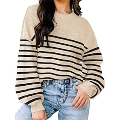 Women's Pullover Sweater Jumper Crew Neck Ribbed Knit Polyester Patchwork Fall Winter Regular Outdoor Daily Going out Stylish Casual Soft Long Sleeve Color Block Black White Army Green S M L miniinthebox