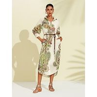 Women's Shirt Dress Print Dress Midi Dress Beige 3/4 Length Sleeve Boho / Paisley / Damask Pocket Belted Printing Spring Summer Shirt Collar Paisley S M L Lightinthebox