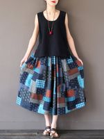 Folk Style Geometric Print Patchwork Elastic Waist Women Skirts