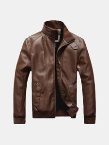 Button Cuff Collar PU Leather Jackets