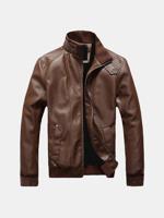 Button Cuff Collar PU Leather Jackets - thumbnail