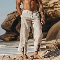 Men's Linen Pants Trousers Summer Pants Pocket Split Straight Leg Solid Color Comfort Breathable Ankle-Length Daily Holiday Fashion Streetwear Khaki Inelastic Lightinthebox