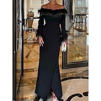 Mermaid  Trumpet Evening Gown Elegant Dress Formal Black Dress Floor Length Long Sleeve Off Shoulder Stretch Fabric with Feather Sequin Slit 2023 Lightinthebox - thumbnail