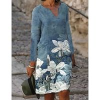 Women's Sheath Dress Knee Length Dress Blue Long Sleeve Floral Print Spring Summer V Neck Casual Fashion Modern 2022 S M L XL XXL 3XL Lightinthebox - thumbnail