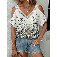 Women's T shirt Tee Flower Casual Daily Cold Shoulder Yellow Light Green Blue Print Short Sleeve Print Round Neck V Neck Regular Fit Spring  Summer Lightinthebox