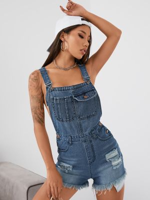 Blue Pocket design Random Ripped detail Denim Playsuits Blue Pocket design Random Ripped detail Denim Playsuits