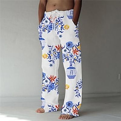Men's Fashion Designer Straight Trousers 3D Print Elastic Drawstring Design Front Pocket Pants Casual Daily Graphic Prints Flower  Floral Comfort Soft Mid Waist White  Blue S M L XL XXL Lightinthebox