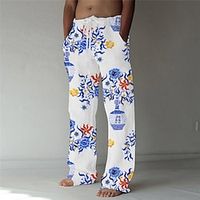 Men's Fashion Designer Straight Trousers 3D Print Elastic Drawstring Design Front Pocket Pants Casual Daily Graphic Prints Flower  Floral Comfort Soft Mid Waist White  Blue S M L XL XXL Lightinthebox - thumbnail