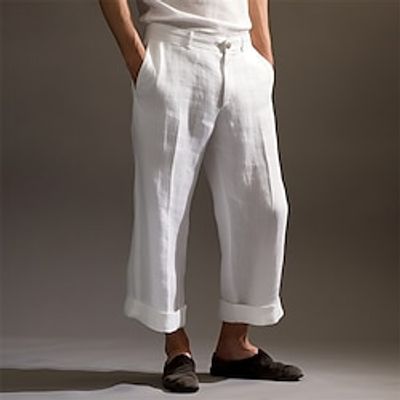 Men's Linen Pants Trousers Summer Pants Cropped Pants Button Wide Leg Front Pocket Plain Comfort Breathable Ankle-Length Casual Daily Holiday Linen Cotton Blend Fashion Basic White Navy Blue Lightinthebox