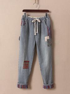 Elastic Waist Stitching Striped Jeans