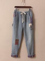 Elastic Waist Stitching Striped Jeans - thumbnail