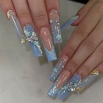 24 Pcs Blue Press on Nails Square Long Nails Flower and Butterfly Charm Designs French Tip Nails Glitter Fake Nails Glossy Glue on Nails Artificial Nails for Women Cute Stick on Nails Lightinthebox