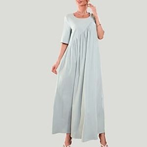 Women's A Line Dress Maxi long Dress Light gray Half Sleeve Pure Color Ruched Spring Summer Crew Neck Casual Mature 2022 S M L XL XXL Lightinthebox