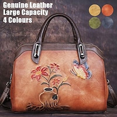 Women's Handbag Crossbody Bag Shoulder Bag Boston Bag Leather Outdoor Daily Holiday Zipper Flower Embossed Large Capacity Waterproof Lightweight Color Block Flower Folk Retro black Retro Yellow Retro Lightinthebox