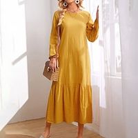 Women's Shift Dress Midi Dress Yellow Long Sleeve Pure Color Ruffle Spring Summer Crew Neck Casual 2022 S M L XL Lightinthebox - thumbnail