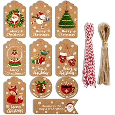 Christmas Kraft Paper Gift Tags,100 Pcs Xmas Present Hanging Labels with 50Pcs colourful strings and 50Pcs Jute Strings Kraft Paper Tags Card for Christmas Decorations,10 Styles miniinthebox