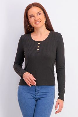 Womens Rib Knit with Buttons Top Black Womens Rib Knit with Buttons Top Black