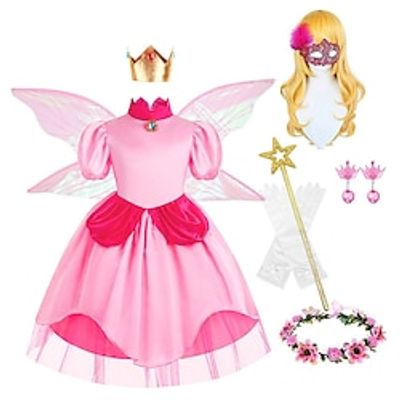 Super Mario Bros Princess Peach Dress Outfits Flower Girl Dress Girls' Movie Cosplay Cute Pink Dress Gloves Wings Halloween Children's Day Polyester Lightinthebox