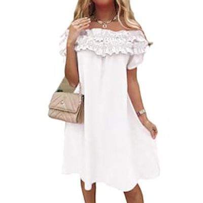 Women's A Line Dress Knee Length Dress White Short Sleeve Solid Color Ruched Spring Summer Off Shoulder Elegant Modern 2022 S M L XL XXL 3XL Lightinthebox