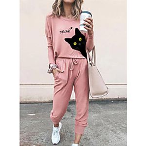 Women Basic Streetwear 3D Print Cat Letter Vacation Casual  Daily Two Piece Set Tracksuit T shirt Pant Loungewear Jogger Pants Drawstring Print Tops Lightinthebox
