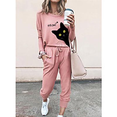 Women Basic Streetwear 3D Print Cat Letter Vacation Casual  Daily Two Piece Set Tracksuit T shirt Pant Loungewear Jogger Pants Drawstring Print Tops Lightinthebox