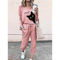 Women Basic Streetwear 3D Print Cat Letter Vacation Casual  Daily Two Piece Set Tracksuit T shirt Pant Loungewear Jogger Pants Drawstring Print Tops Lightinthebox - thumbnail