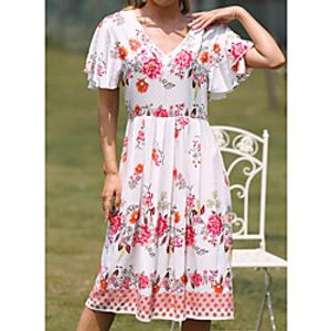 Women's Swing Dress Knee Length Dress White Dark Blue Short Sleeve Print Spring Summer Casual / Daily 2021 M L XL 2XL 3XL miniinthebox