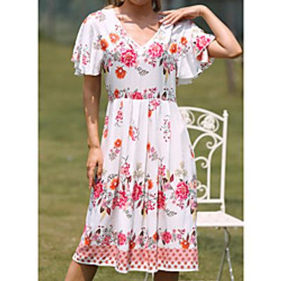 Women's Swing Dress Knee Length Dress White Dark Blue Short Sleeve Print Spring Summer Casual / Daily 2021 M L XL 2XL 3XL miniinthebox